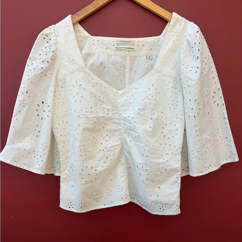 Scotch & Soda White Eyelet Square-Neck Ruching Blouse